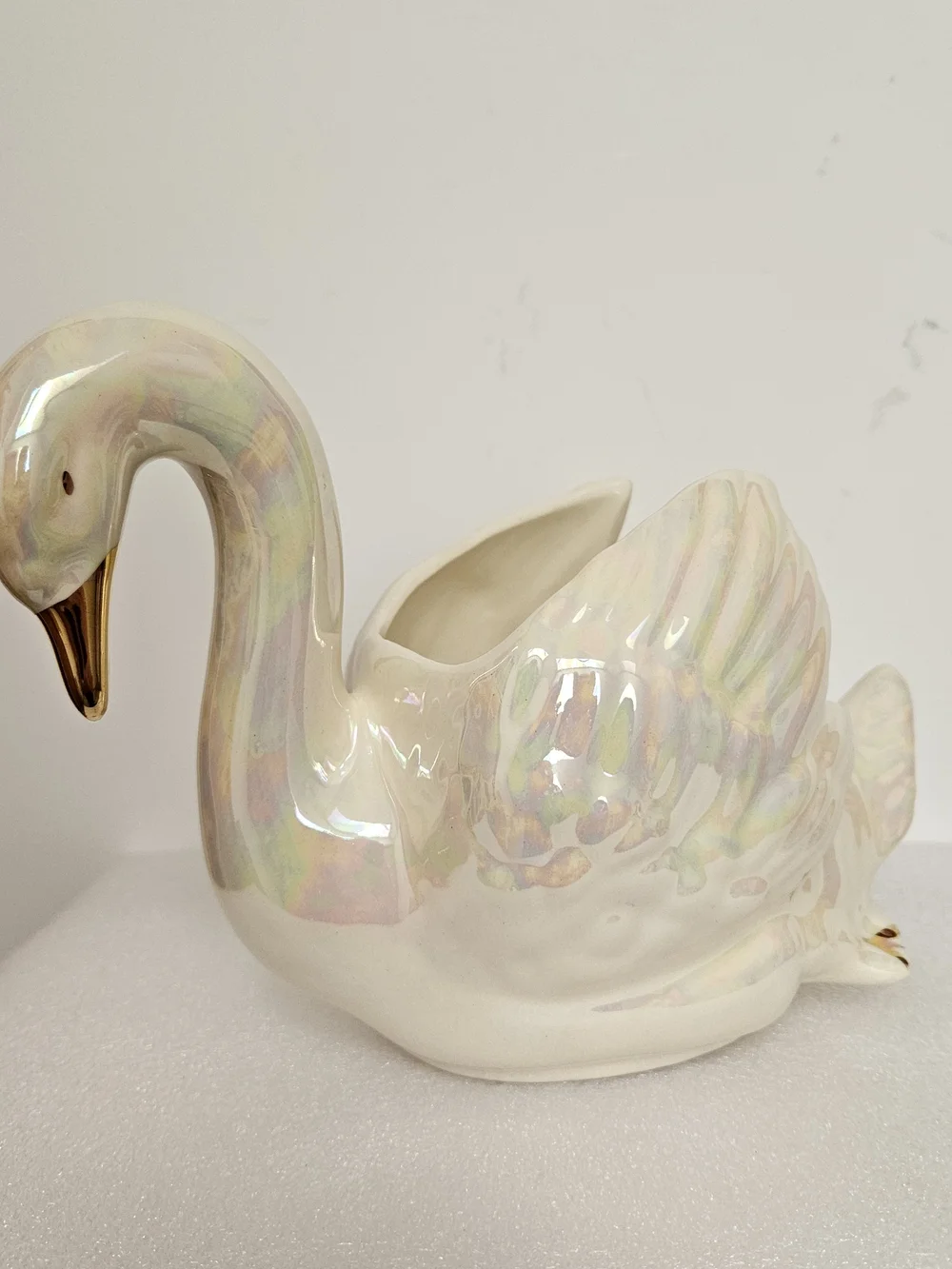 Iridescent Ceramic Swan Planter with Gold Beak
